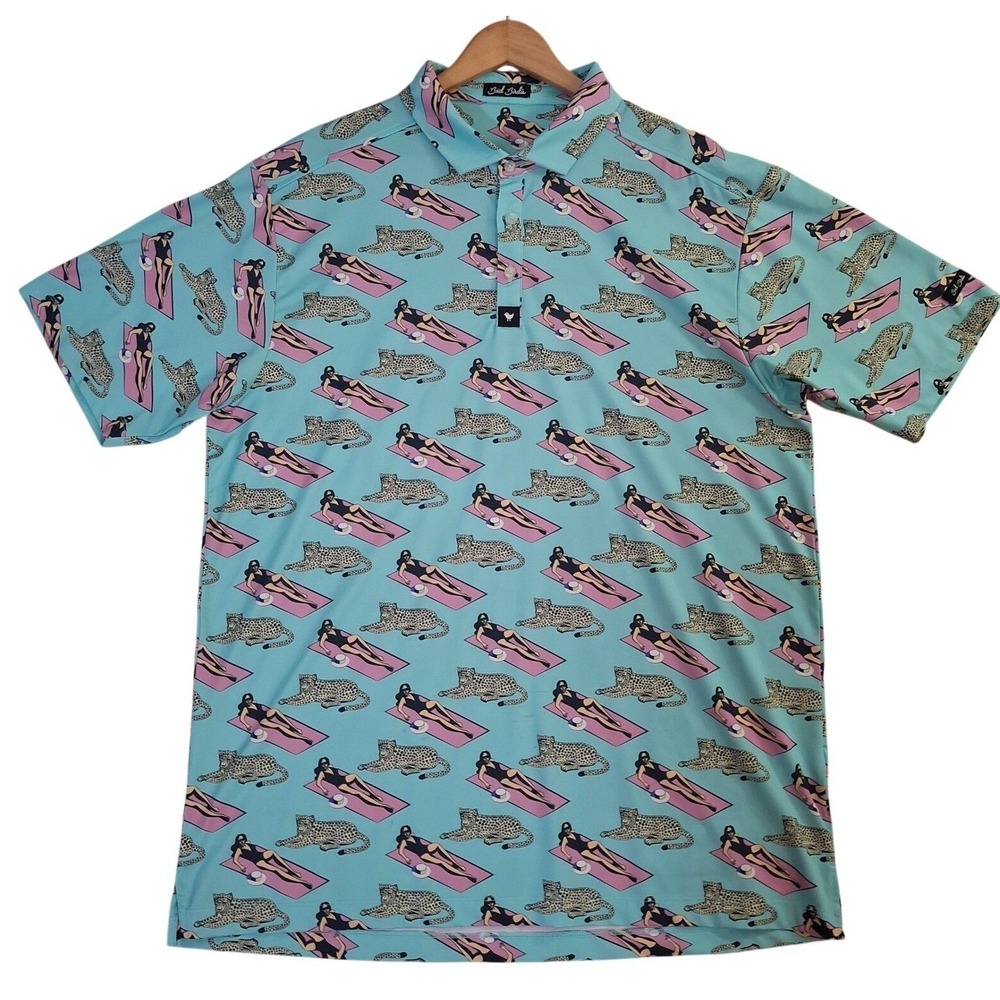 Bad Birdie Mens Golf Polo Shirt Blue Sunbathing Woman Leopard Print XL Stretch